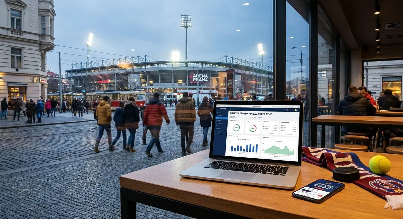 Dynamická sportovní scéna s notebookem a mobilem v českém prostředí
