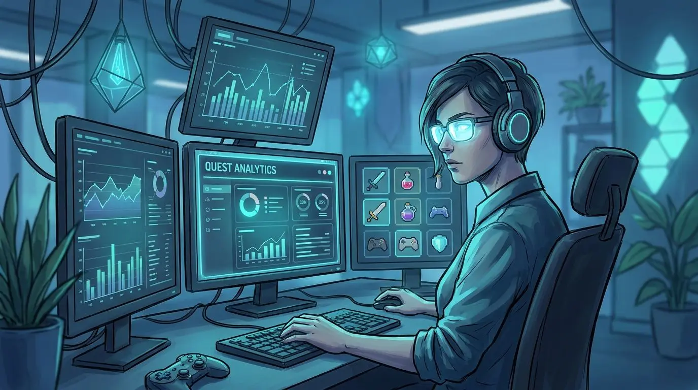 Stylizovaný analytik u počítače s datovými přehledy
