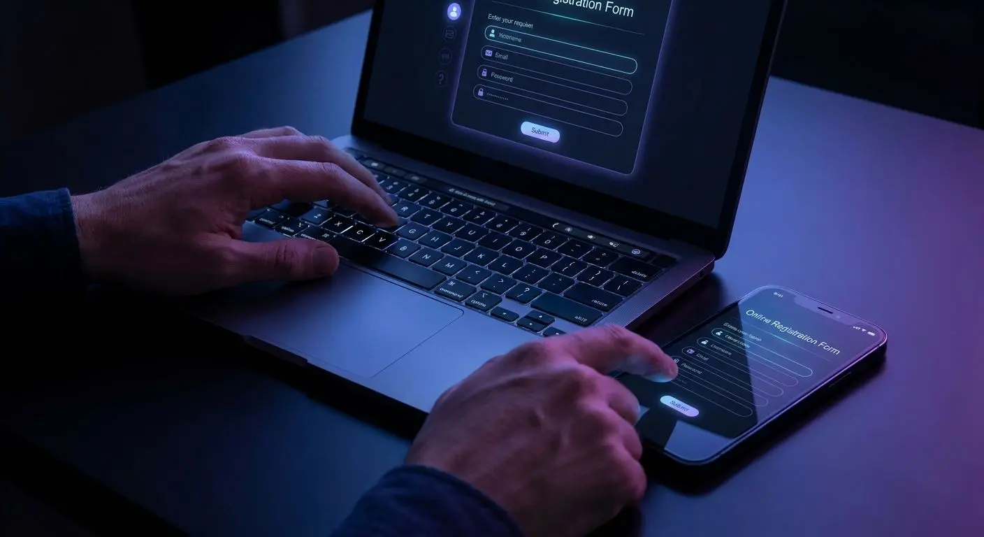 Vyplňování online registračního formuláře na notebooku a mobilu