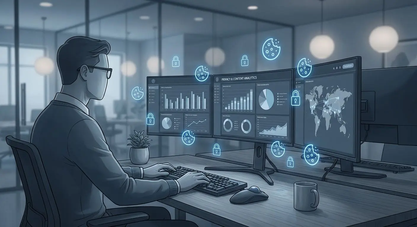 Ilustrační avatar autora analyzujícího data cookies u počítače