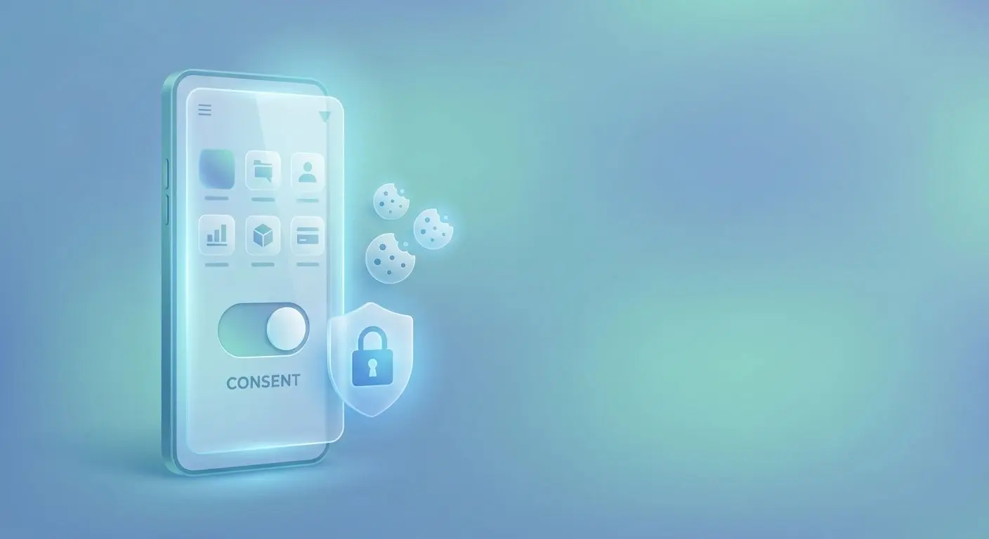 Stylizovaný mobil s ikonami cookies a zámkem soukromí pro Betx App