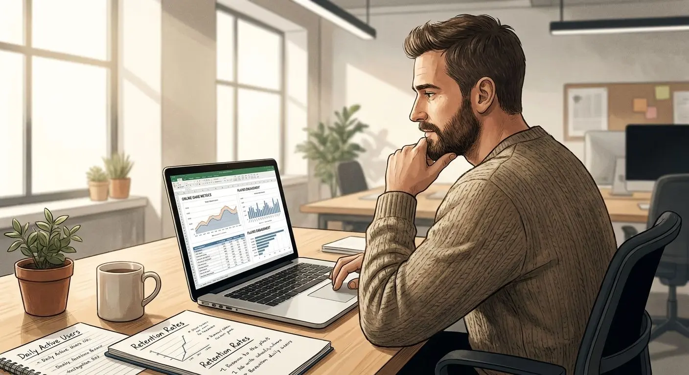 Autorská ilustrace analytika u notebooku při psaní o číselných hrách