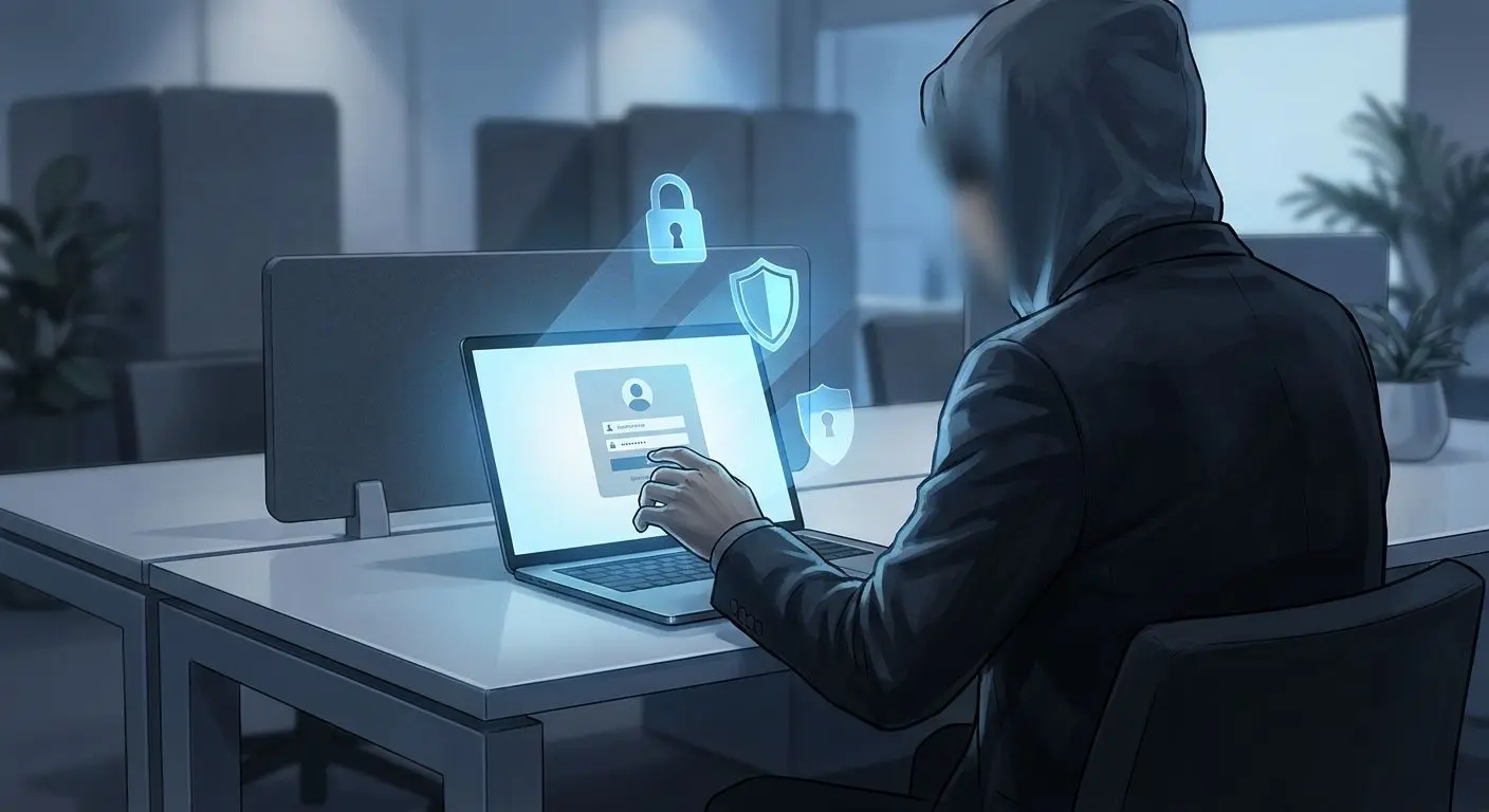 Ilustrace bezpečného přihlášení s formulářem, zámkem a štítem