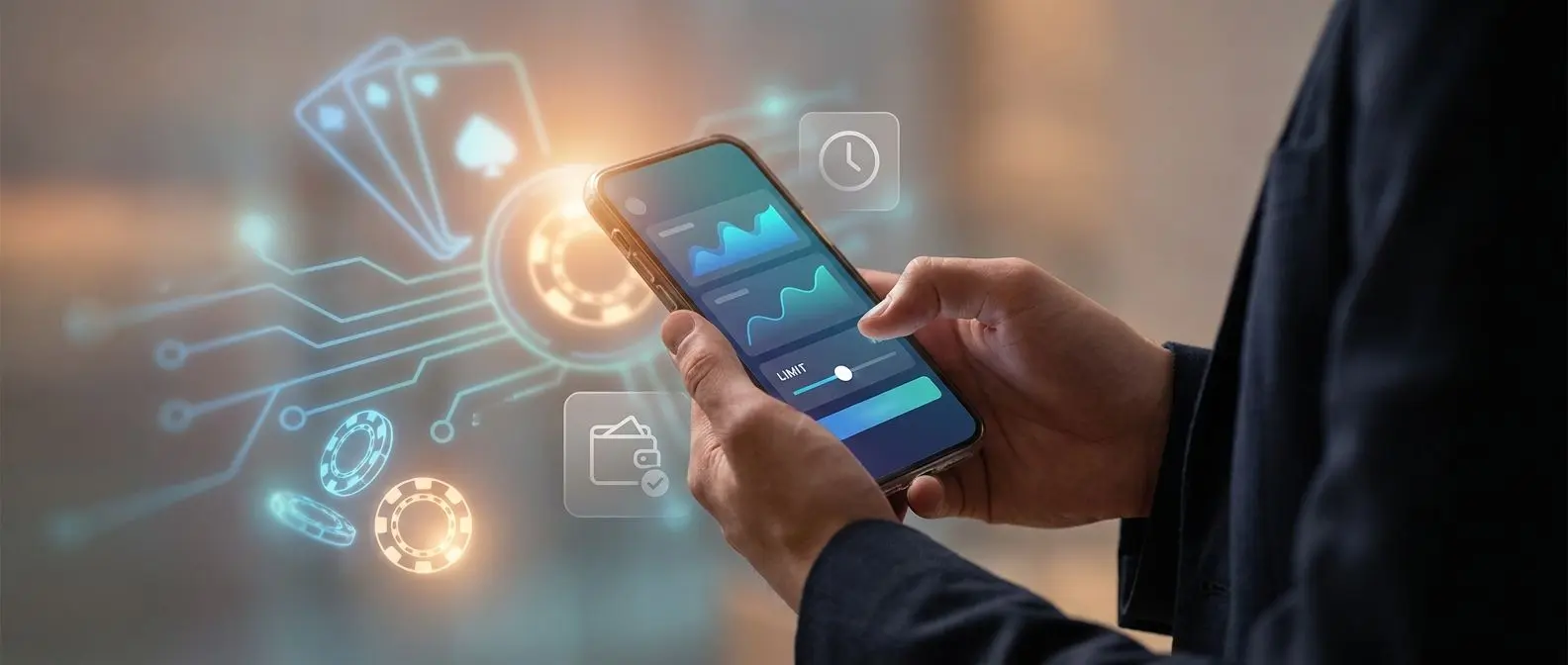 Uživatel s mobilem a ikonami času a rozpočtu pro zodpovědné hraní