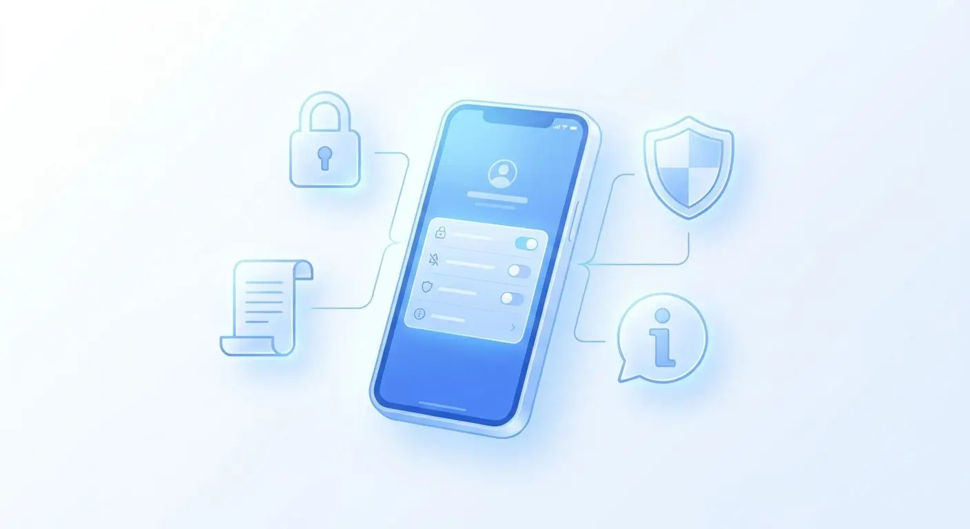 Mobilní telefon s ikonami soukromí, dokumentu a informací