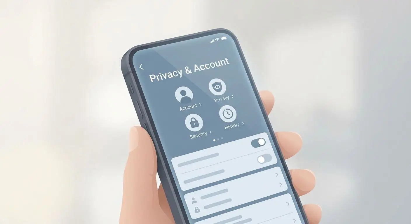 Uživatel kontroluje nastavení účtu, soukromí a zabezpečení v mobilní aplikaci