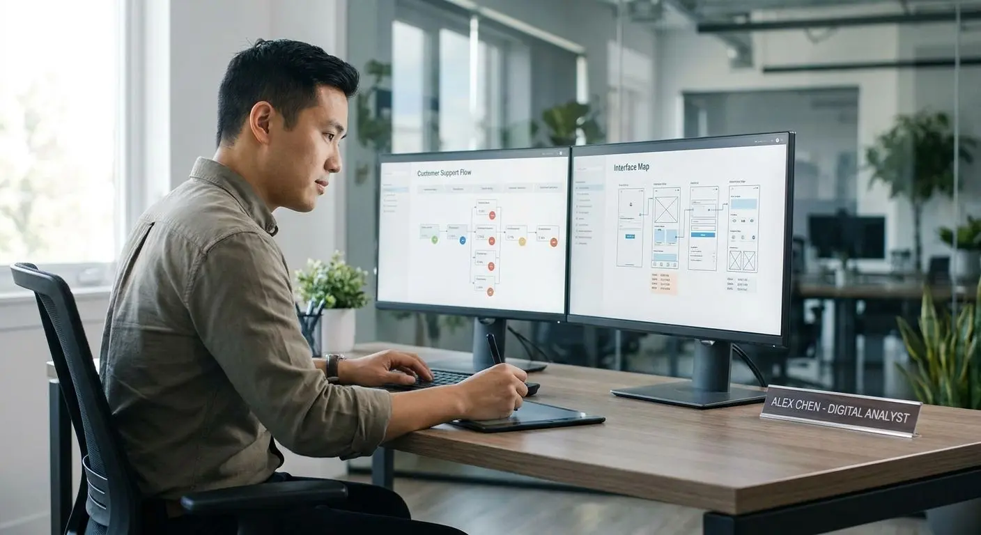 Analytik pracuje u počítače a hodnotí uživatelskou cestu podpory