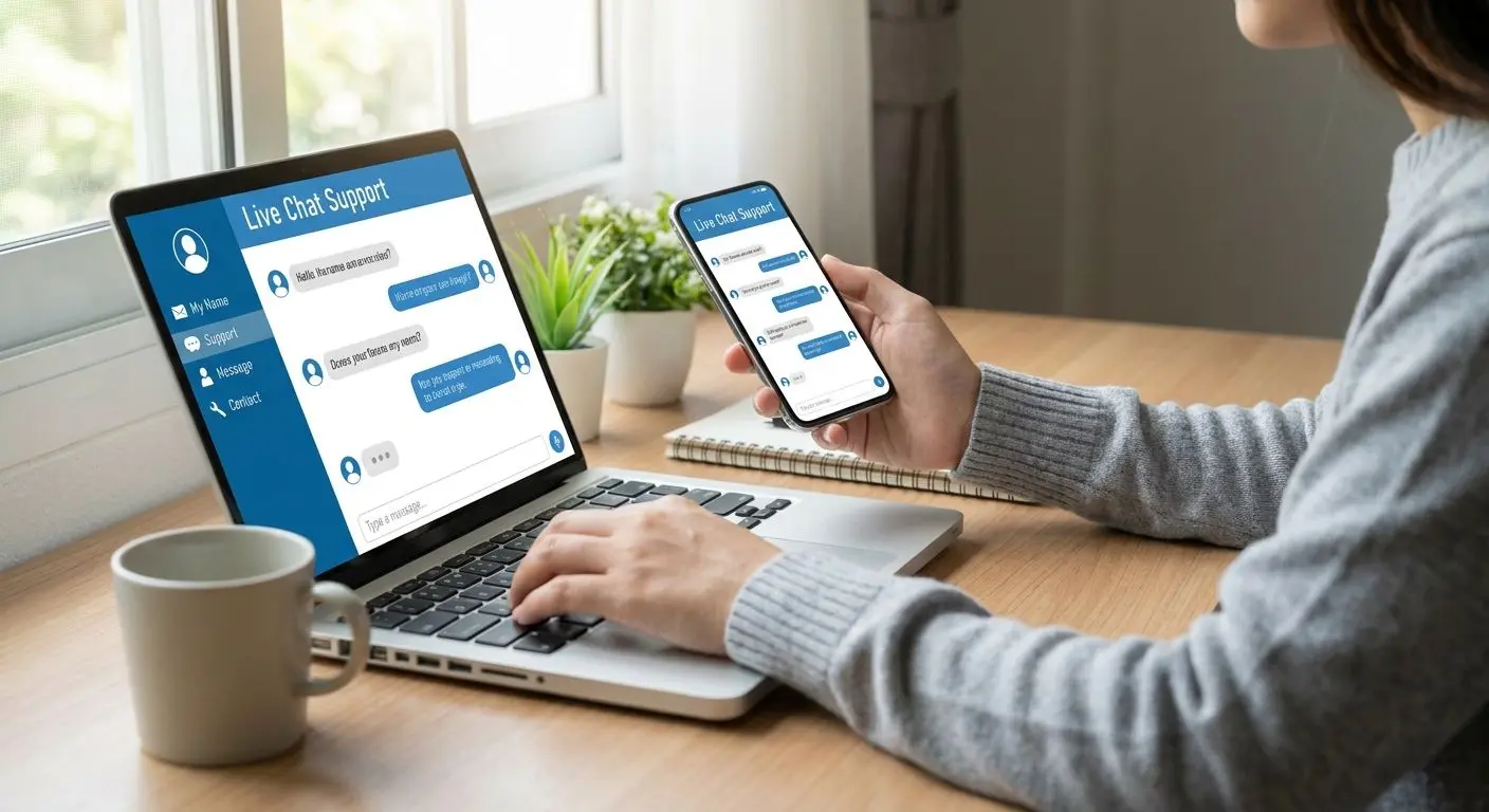 Uživatel píše dotaz do live chatu podpory na notebooku a mobilu